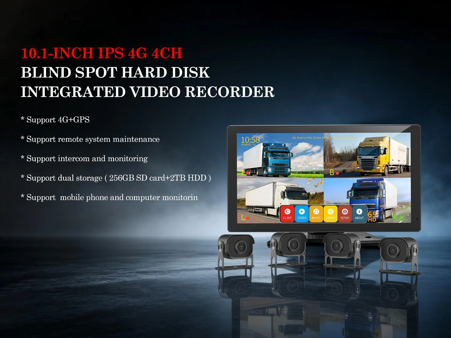 10.1-INCH IPS 4G 4CH BLIND SPOT HARD DISK INTEGRATED VIDEO RECORDER